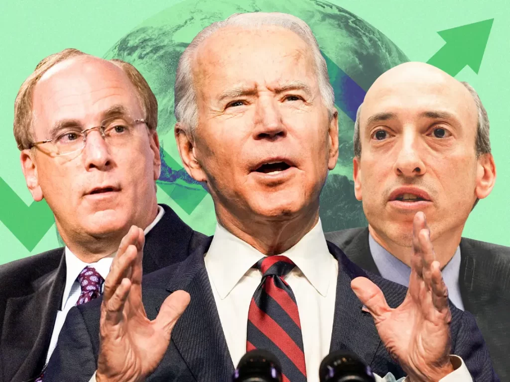 Generální ředitel společnosti BlackRock Larry Fink (vlevo), prezident USA Joe Biden a nastupující předseda Komise pro cenné papíry Gary Gensler. Mat Szwajkos/Getty Images; Joshua Roberts/Getty Images; Jason Reed/Reuters; Samantha Lee/Insider